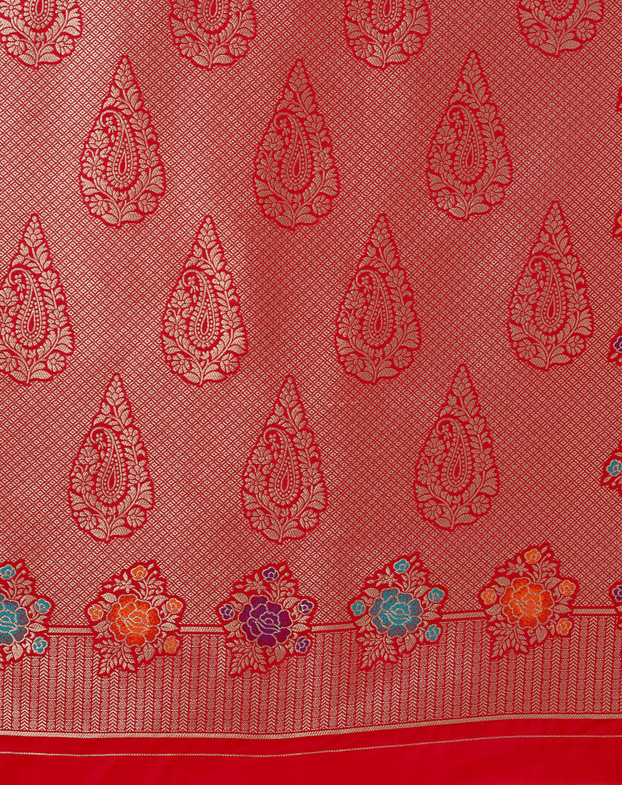 Monjolika Fashion Red Banarasi Silk Blend SareeWith Zari Woven Detailing | Grocsy