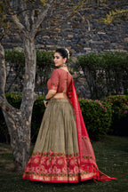 Lorenvalley Maroon and Brown Tussar Silk Floral Print with Foil Printed Lehenga Choli | Grocsy