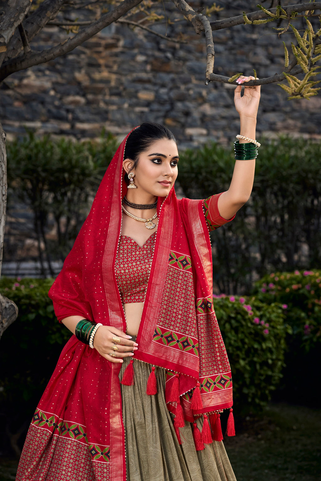 Lorenvalley Maroon and Brown Tussar Silk Floral Print with Foil Printed Lehenga Choli | Grocsy