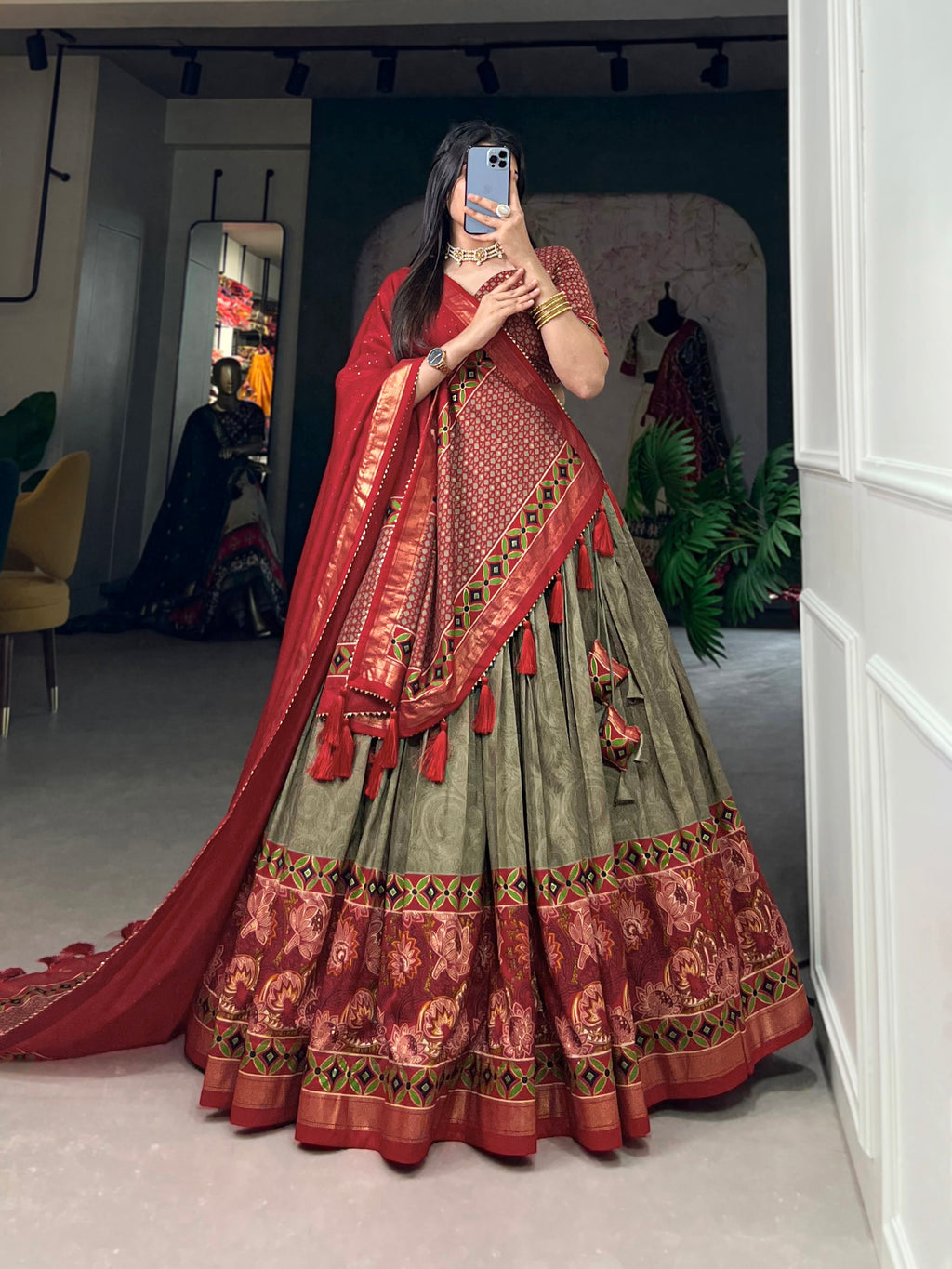 Lorenvalley Maroon and Brown Tussar Silk Floral Print with Foil Printed Lehenga Choli | Grocsy