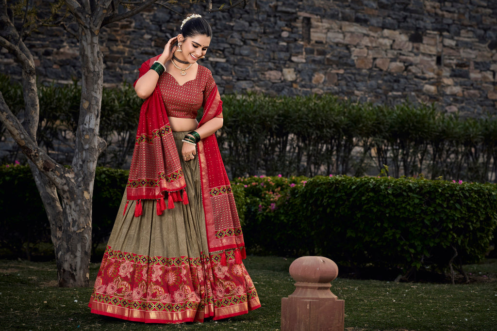 Lorenvalley Maroon and Brown Tussar Silk Floral Print with Foil Printed Lehenga Choli | Grocsy