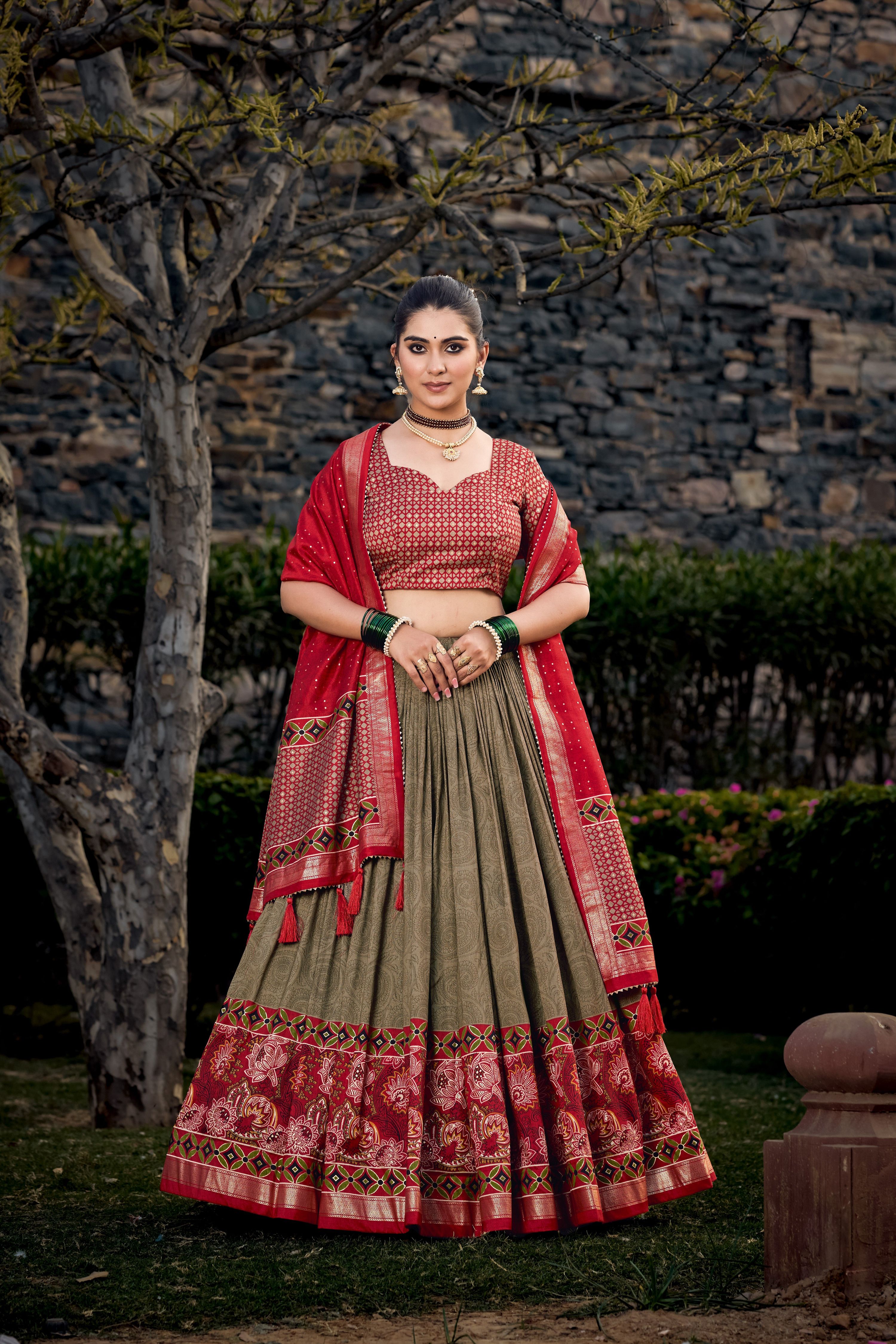 Lorenvalley Maroon and Brown Tussar Silk Floral Print with Foil Printed Lehenga Choli | Grocsy