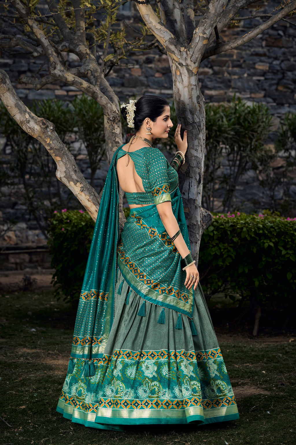 Lorenvalley Seagreen Tussar Silk Floral Print with Foil Printed Lehenga Choli | Grocsy