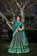 Lorenvalley Seagreen Tussar Silk Floral Print with Foil Printed Lehenga Choli | Grocsy