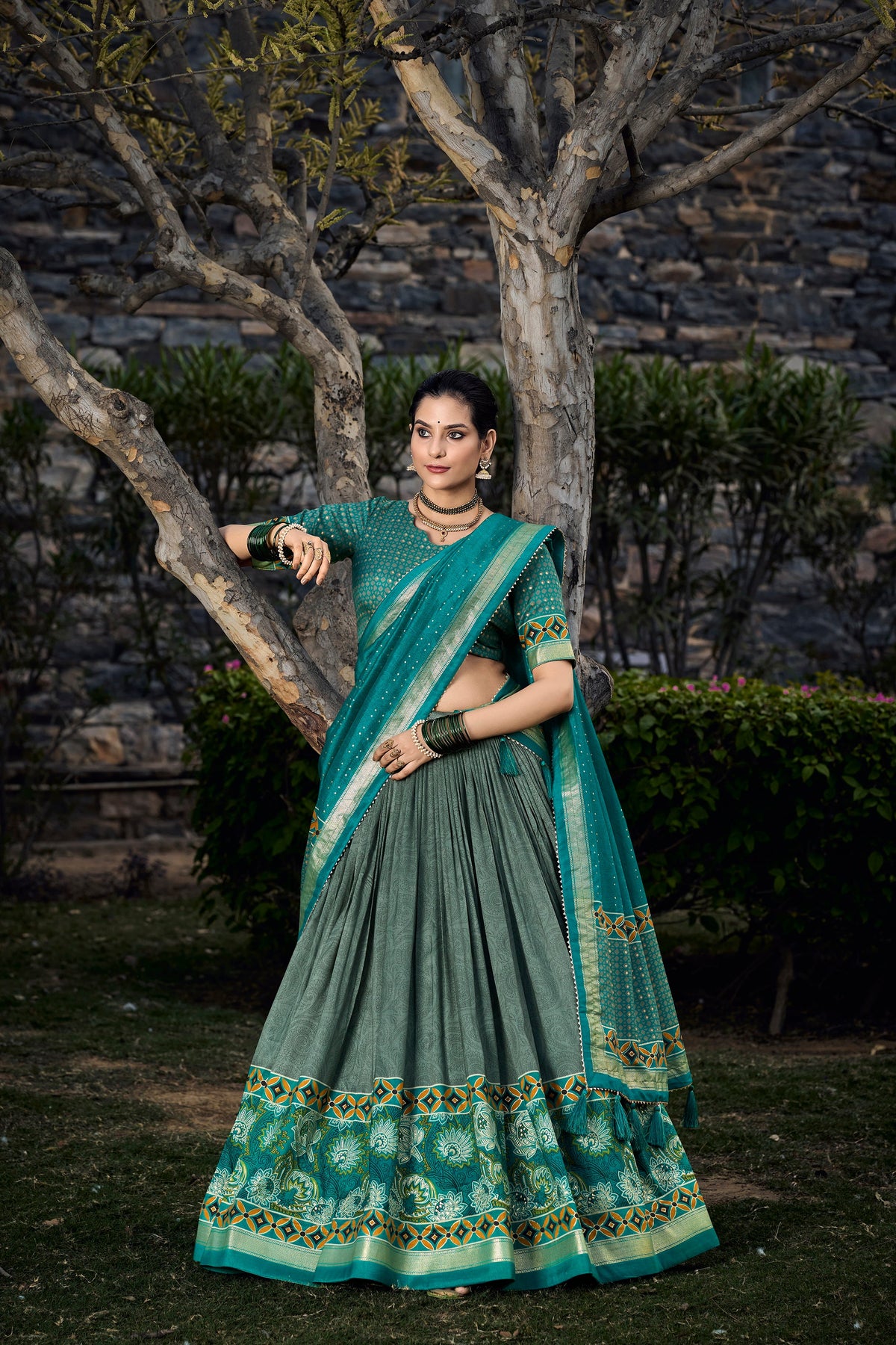 Lorenvalley Seagreen Tussar Silk Floral Print with Foil Printed Lehenga Choli | Grocsy