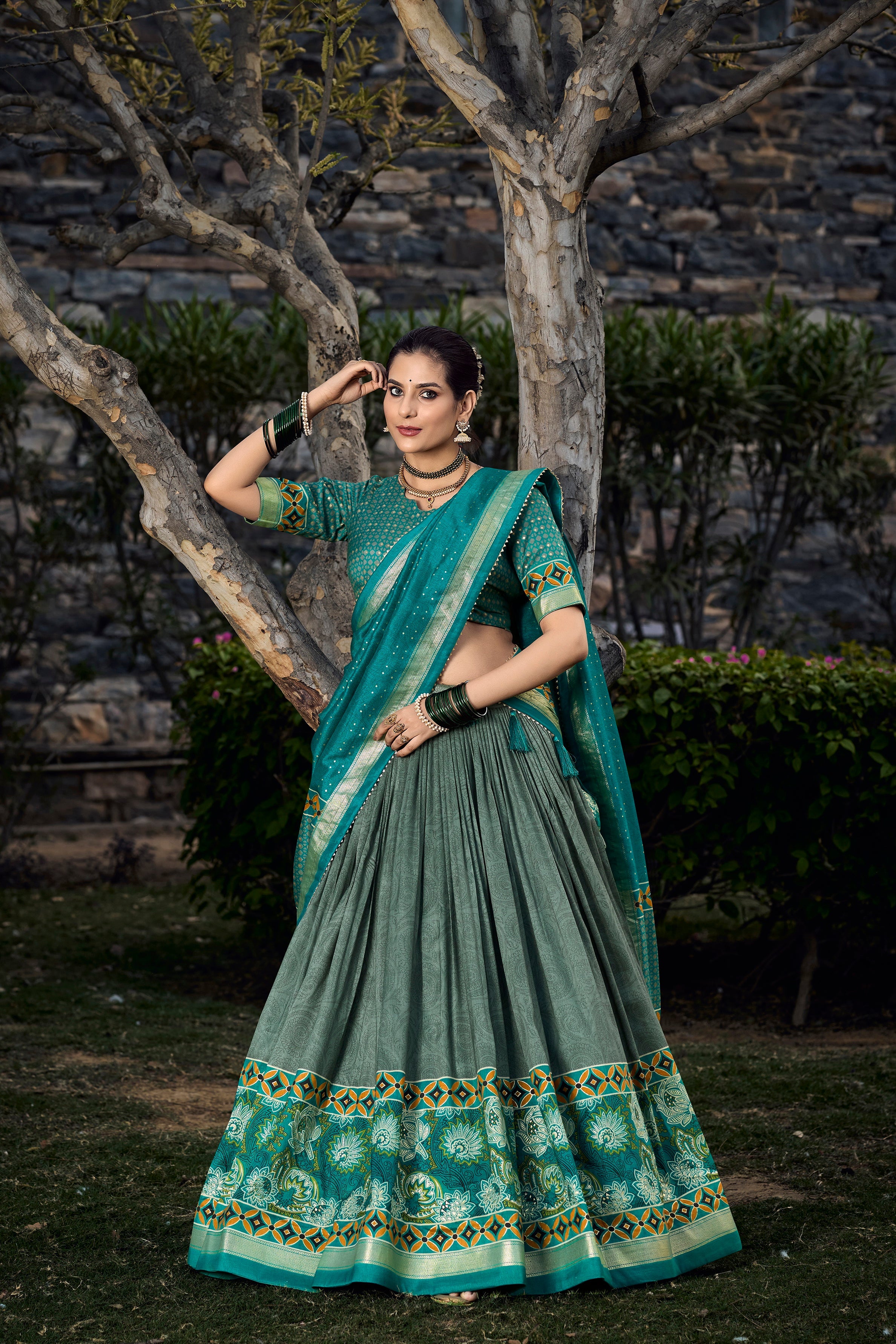Lorenvalley Seagreen Tussar Silk Floral Print with Foil Printed Lehenga Choli | Grocsy