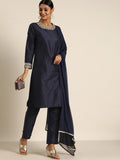 All About You Women Navy Blue & Golden Satin Finish Kurta with Trousers & With Dupatta | Grocsy