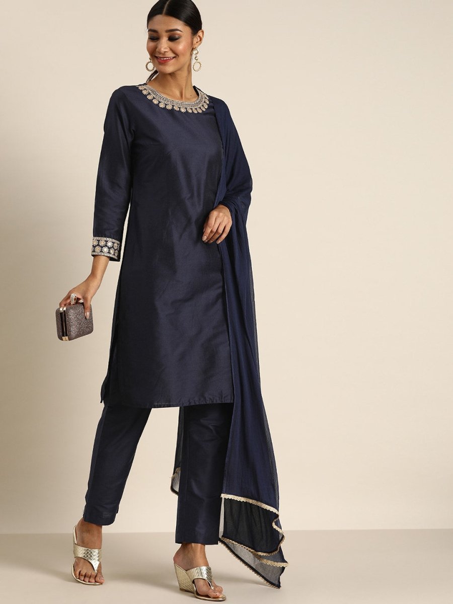 All About You Women Navy Blue & Golden Satin Finish Kurta with Trousers & With Dupatta | Grocsy