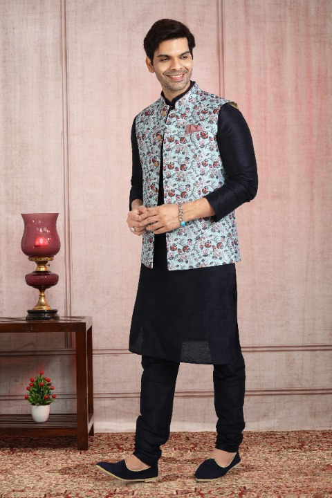 Raivat Ethnic Art Banarasi Silk Printed Work 3 Pics Jacket Set In Sky Blue Colour | Grocsy