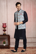 Raivat Ethnic Art Banarasi Silk Printed Work 3 Pics Jacket Set In Sky Blue Colour | Grocsy