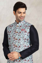 Raivat Ethnic Art Banarasi Silk Printed Work 3 Pics Jacket Set In Sky Blue Colour | Grocsy