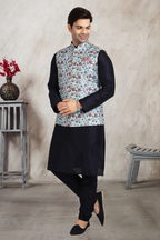 Raivat Ethnic Art Banarasi Silk Printed Work 3 Pics Jacket Set In Sky Blue Colour | Grocsy