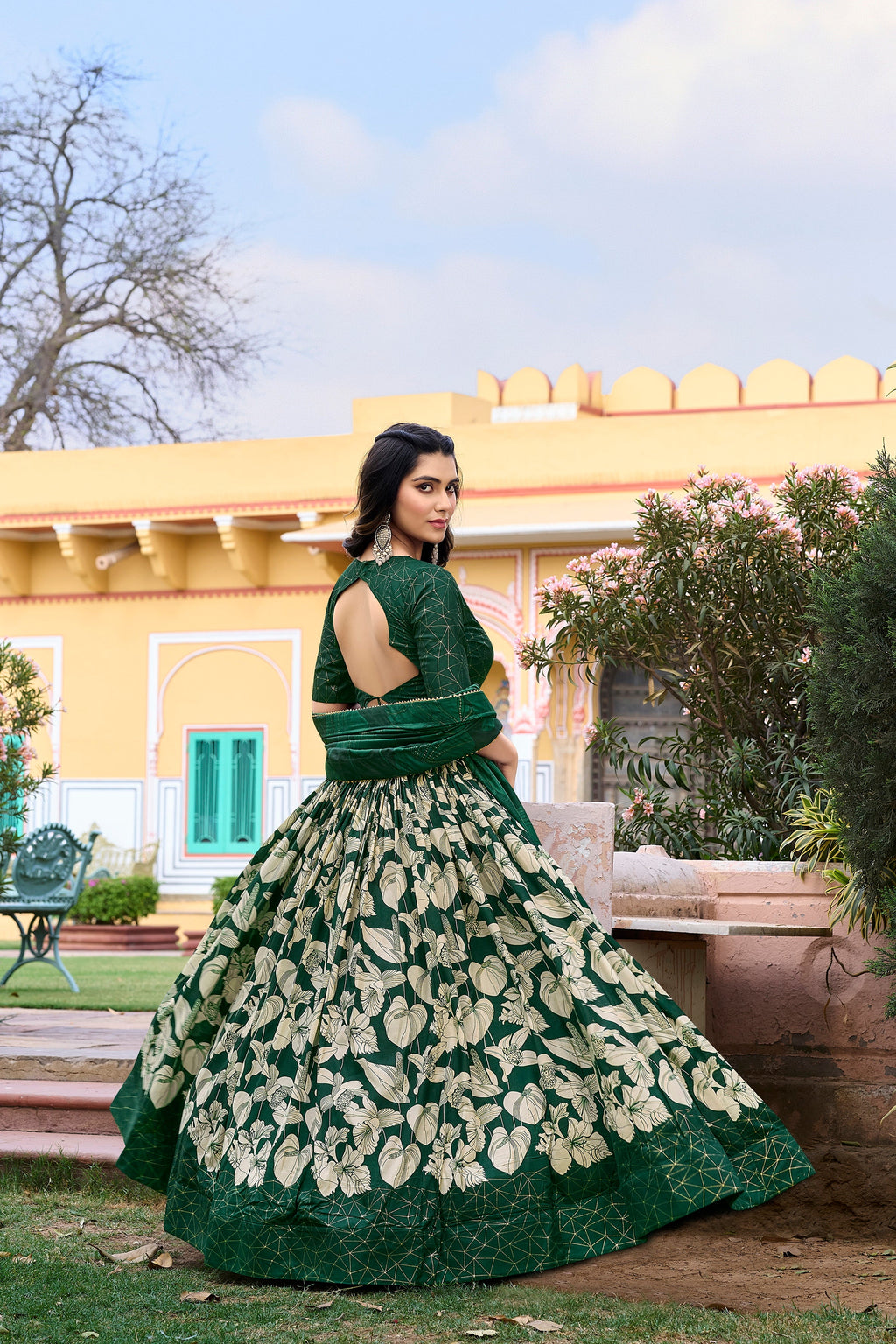 Lorenvalley Green Tussar Silk Floral Printed with Foil Printed Lehenga Choli | Grocsy
