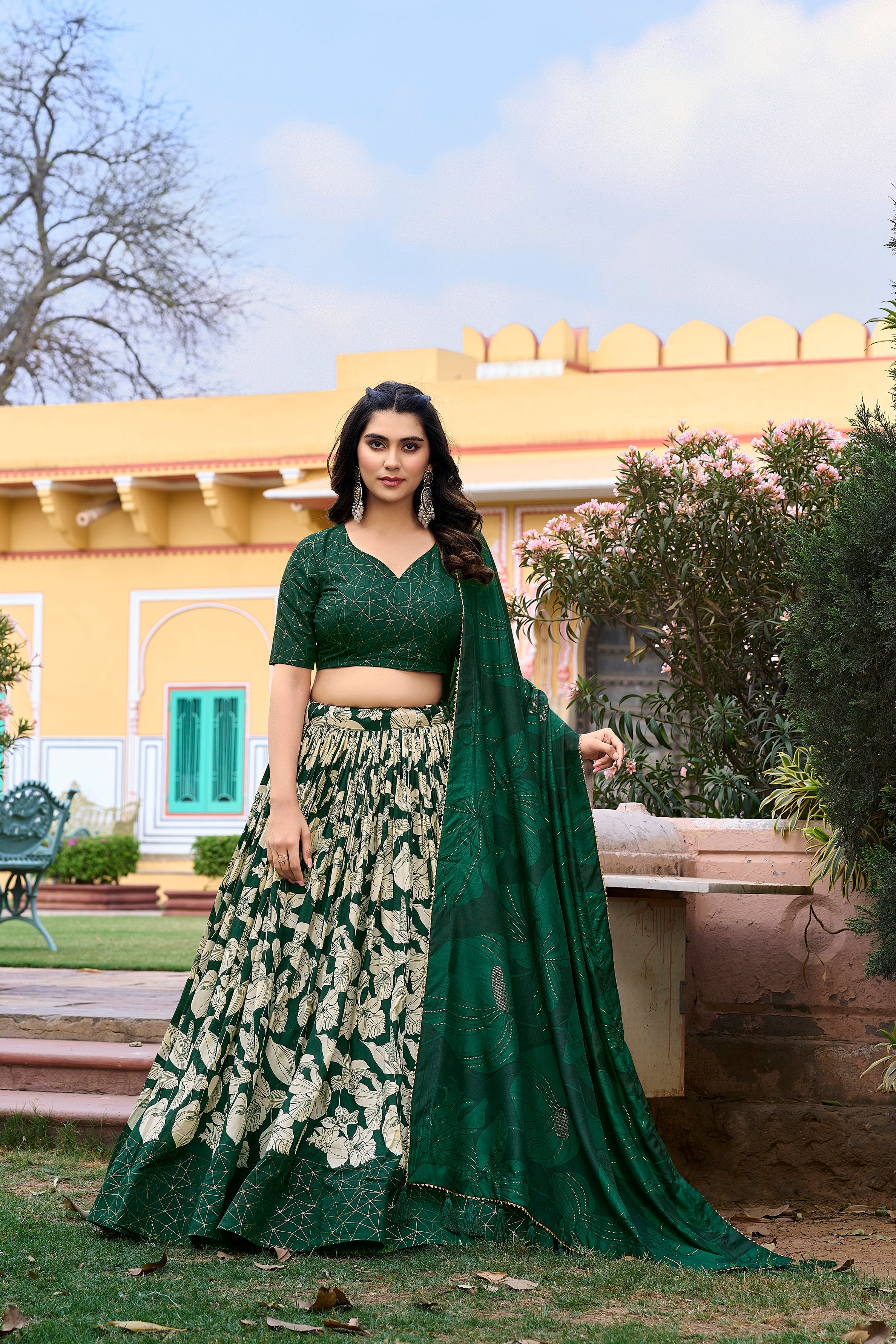 Lorenvalley Green Tussar Silk Floral Printed with Foil Printed Lehenga Choli | Grocsy