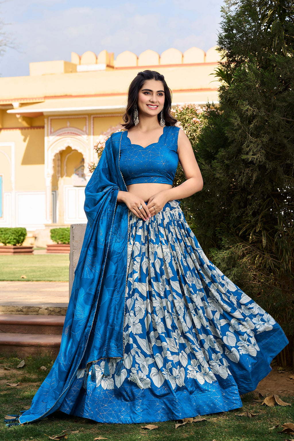Lorenvalley Blue Tussar Silk Floral Printed with Foil Printed Lehenga Choli | Grocsy