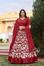 Lorenvalley Red Tussar Silk Floral Printed with Foil Printed Lehenga Choli | Grocsy