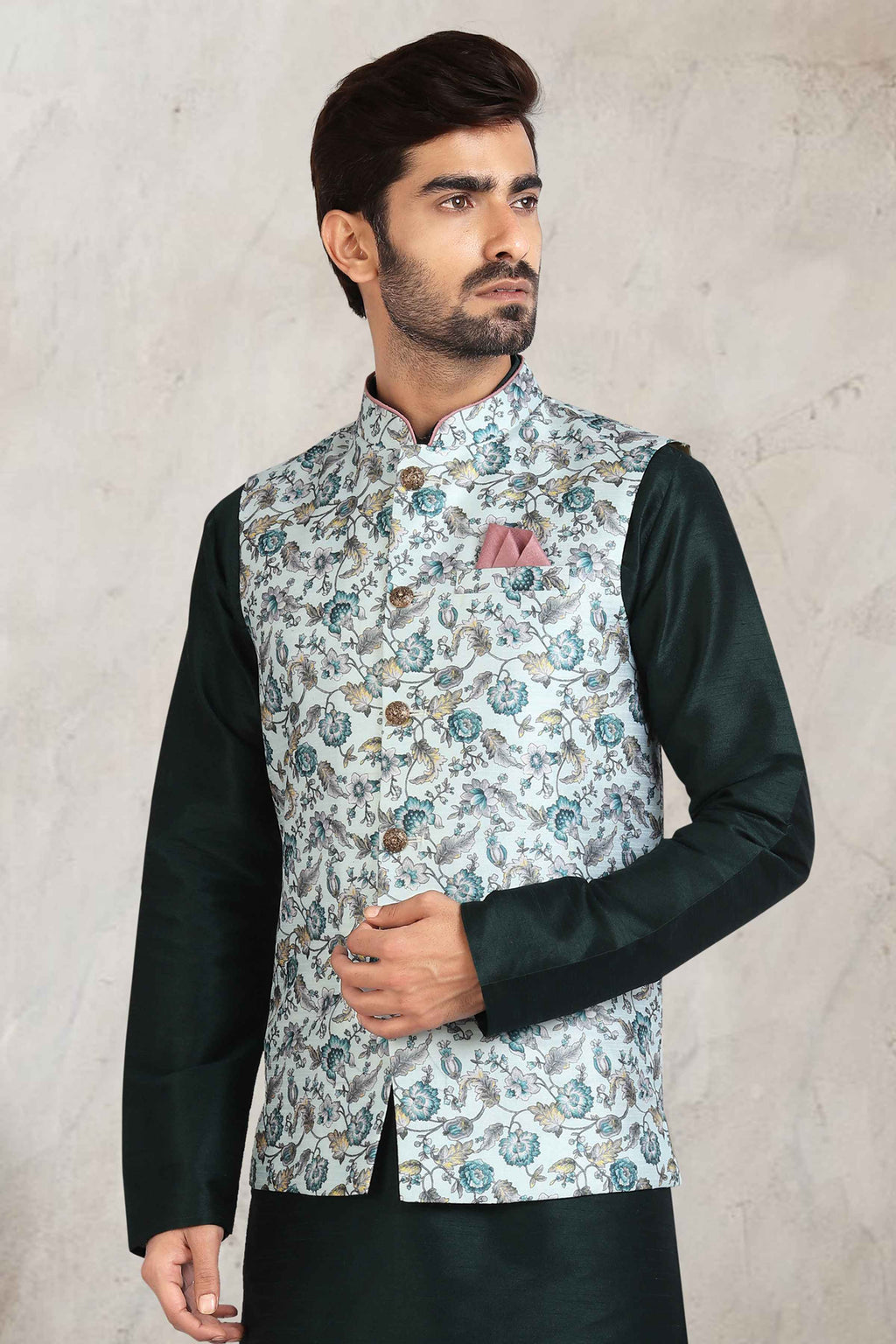 Raivat Ethnic Art Banarasi Silk Printed Work 3 Pics Jacket Set In Pista Green Colour | Grocsy