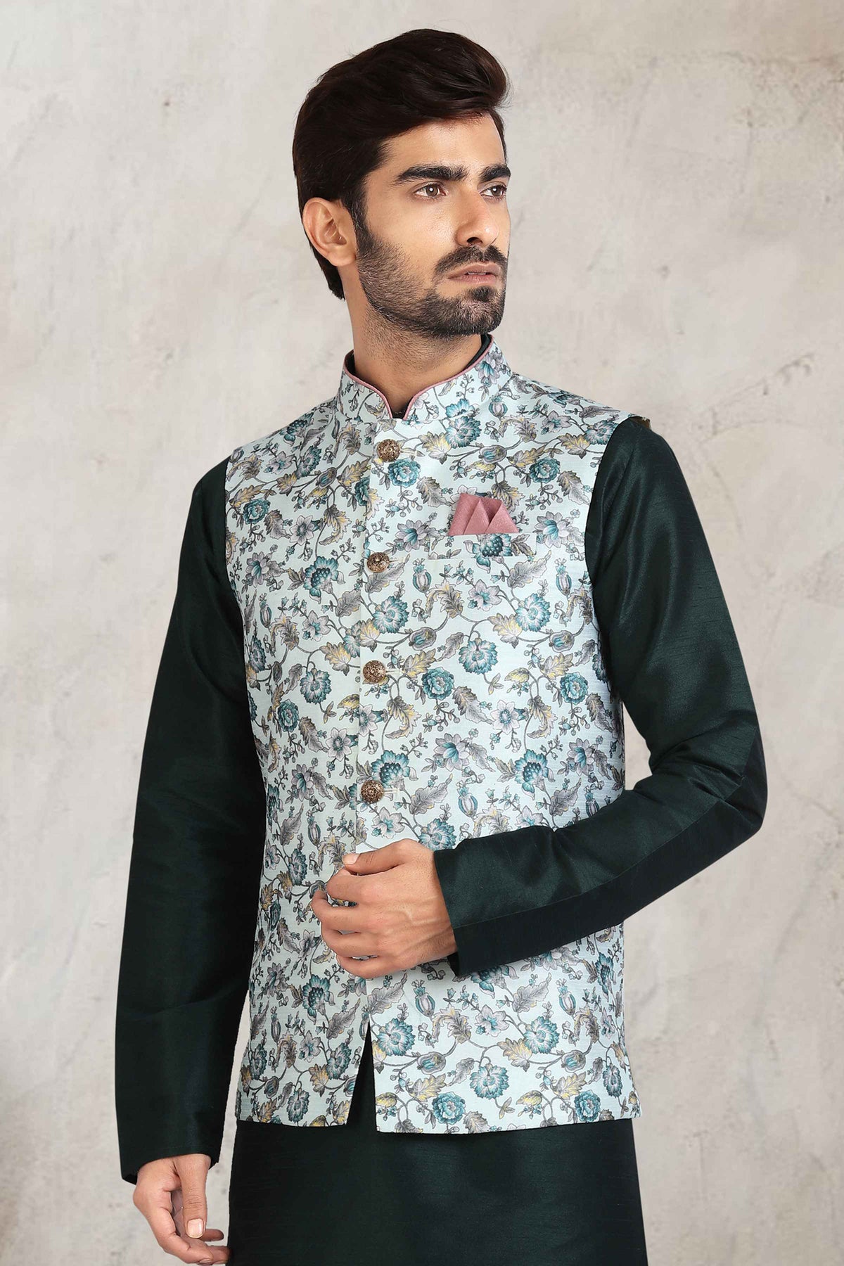 Raivat Ethnic Art Banarasi Silk Printed Work 3 Pics Jacket Set In Pista Green Colour | Grocsy