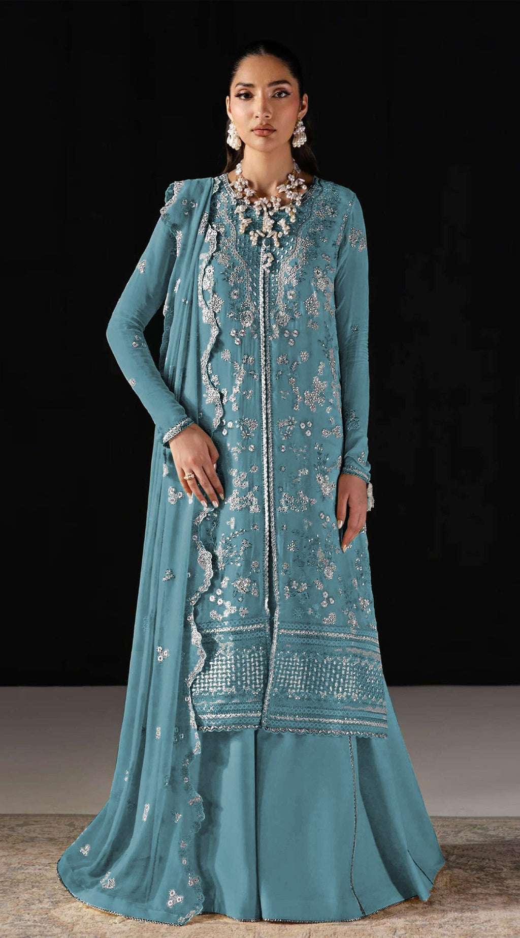 Anaita D Blue Chiffon Suit With Embroidery Work | Grocsy