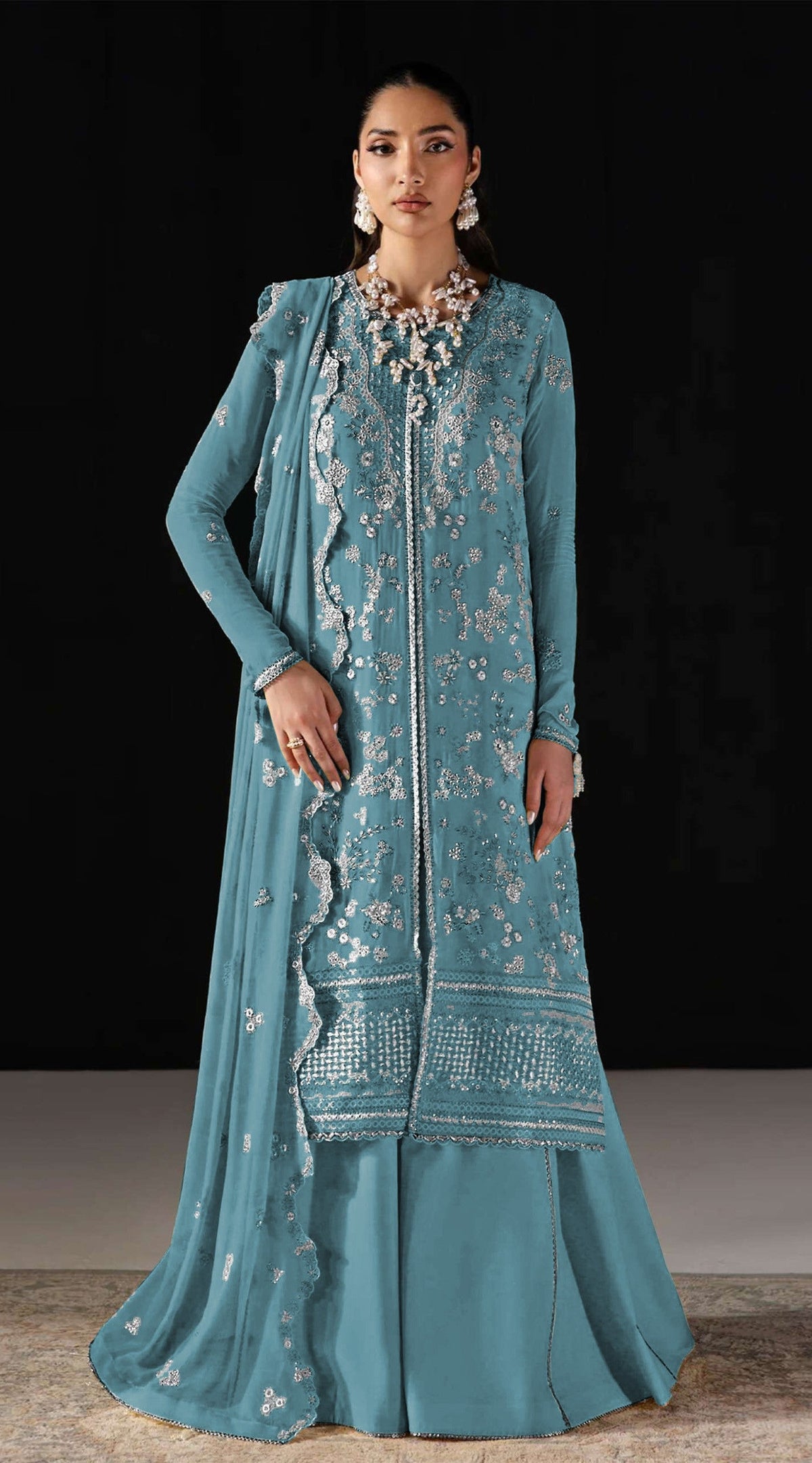 Anaita D Blue Chiffon Suit With Embroidery Work | Grocsy