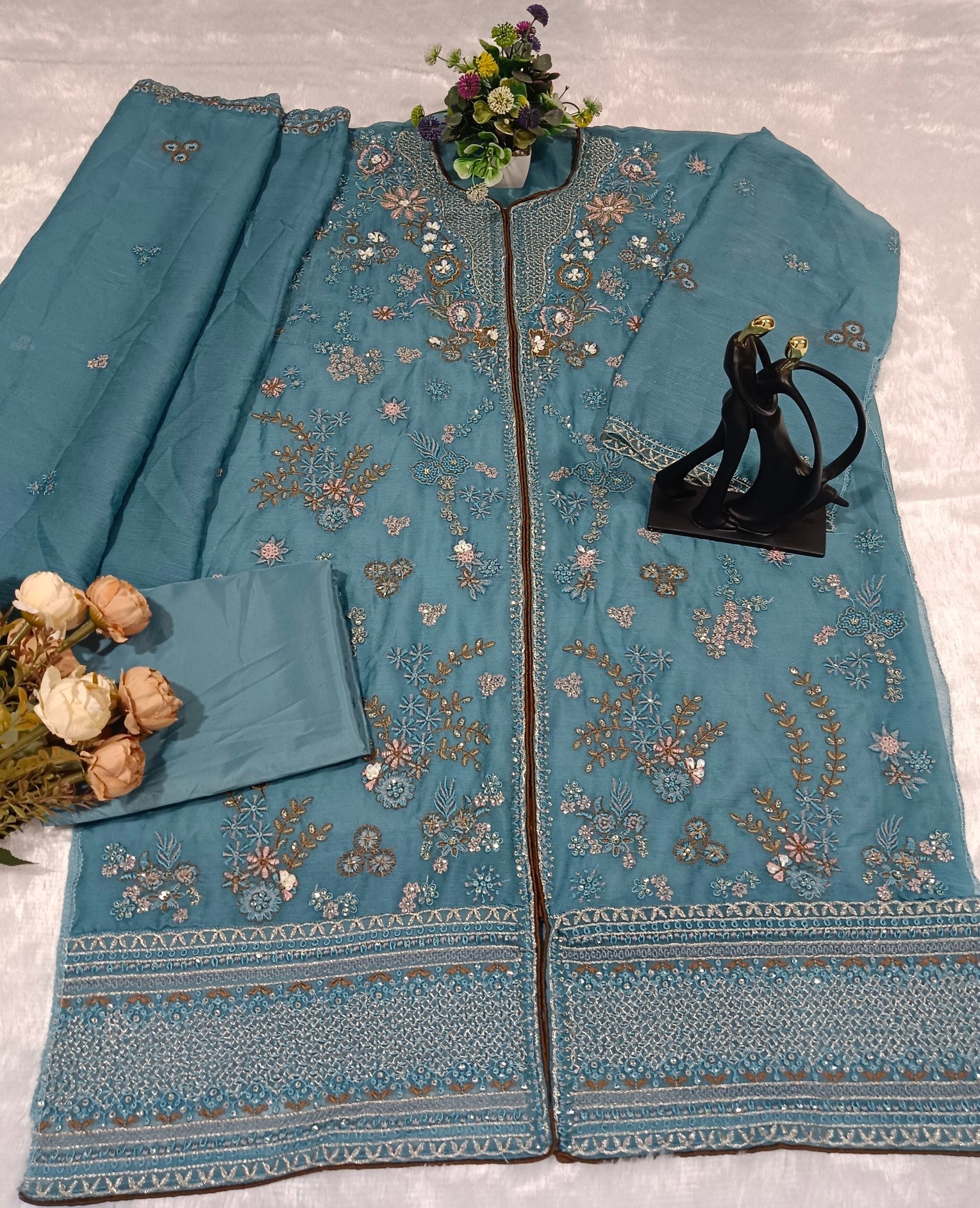 Anaita D Blue Chiffon Suit With Embroidery Work | Grocsy