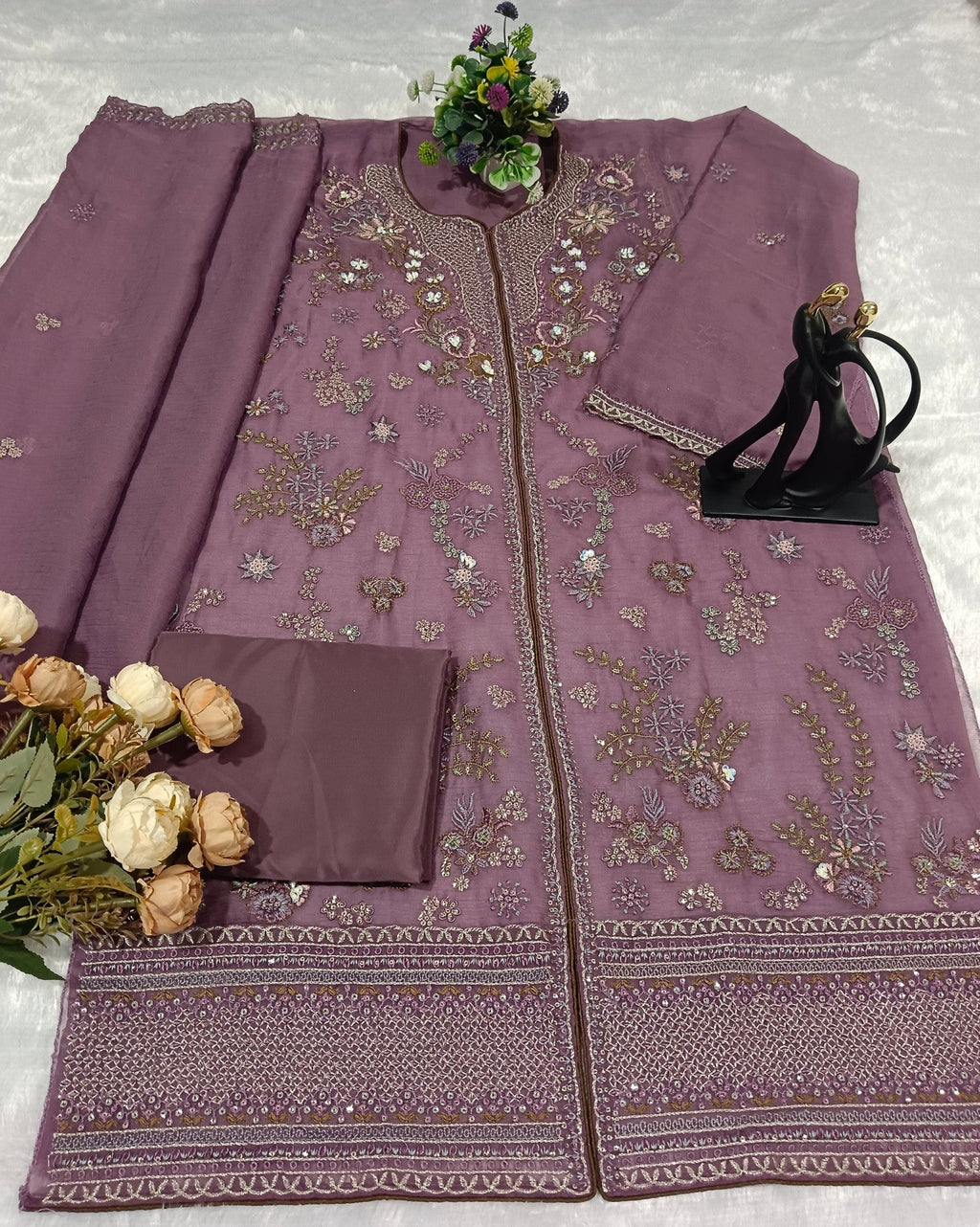 Anaita Purple Chiffon Suit With Embroidery Work | Grocsy