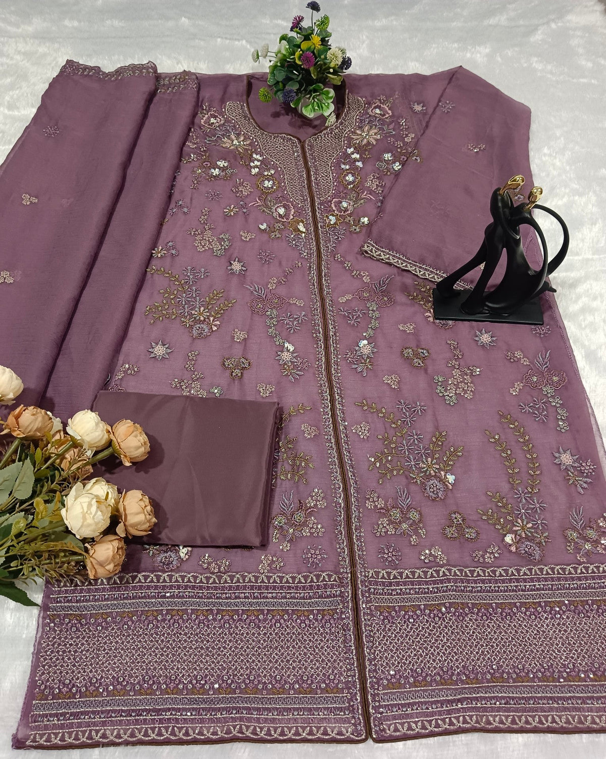 Anaita Purple Chiffon Suit With Embroidery Work | Grocsy