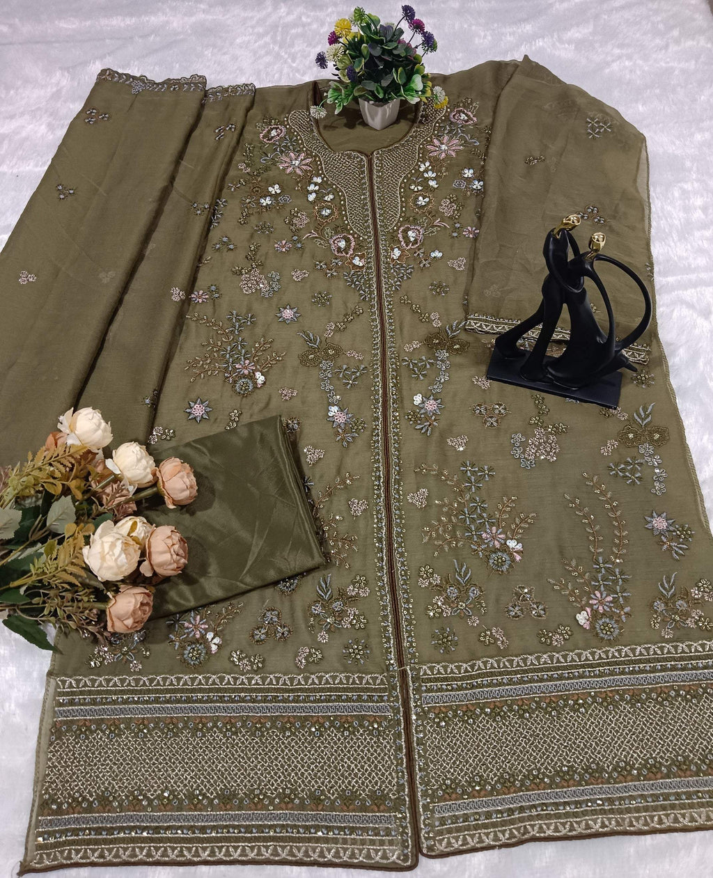Anaita Mehndi Chiffon Suit With Embroidery Work | Grocsy