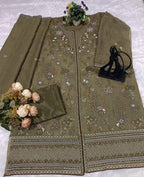 Anaita Mehndi Chiffon Suit With Embroidery Work | Grocsy