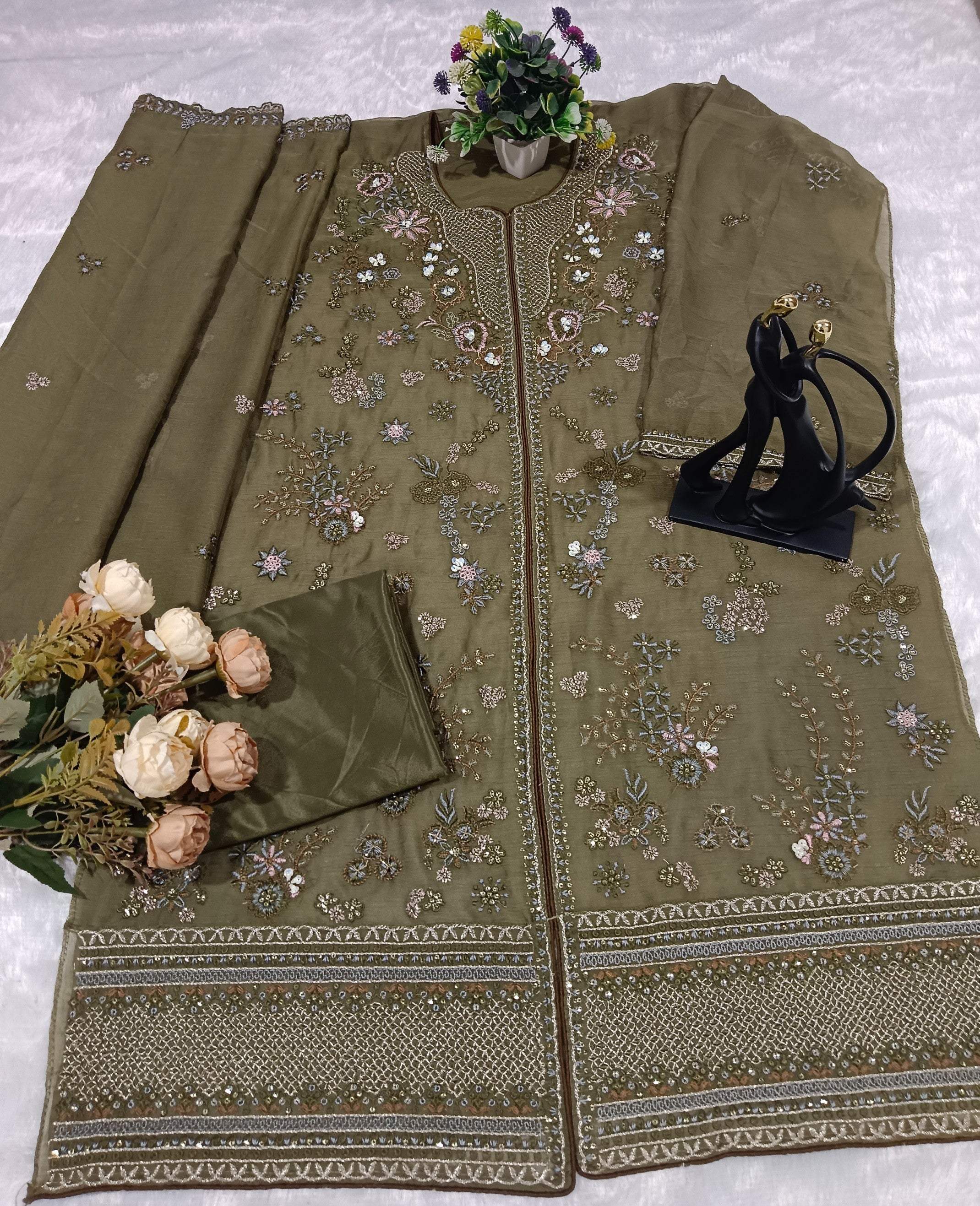 Anaita Mehndi Chiffon Suit With Embroidery Work | Grocsy