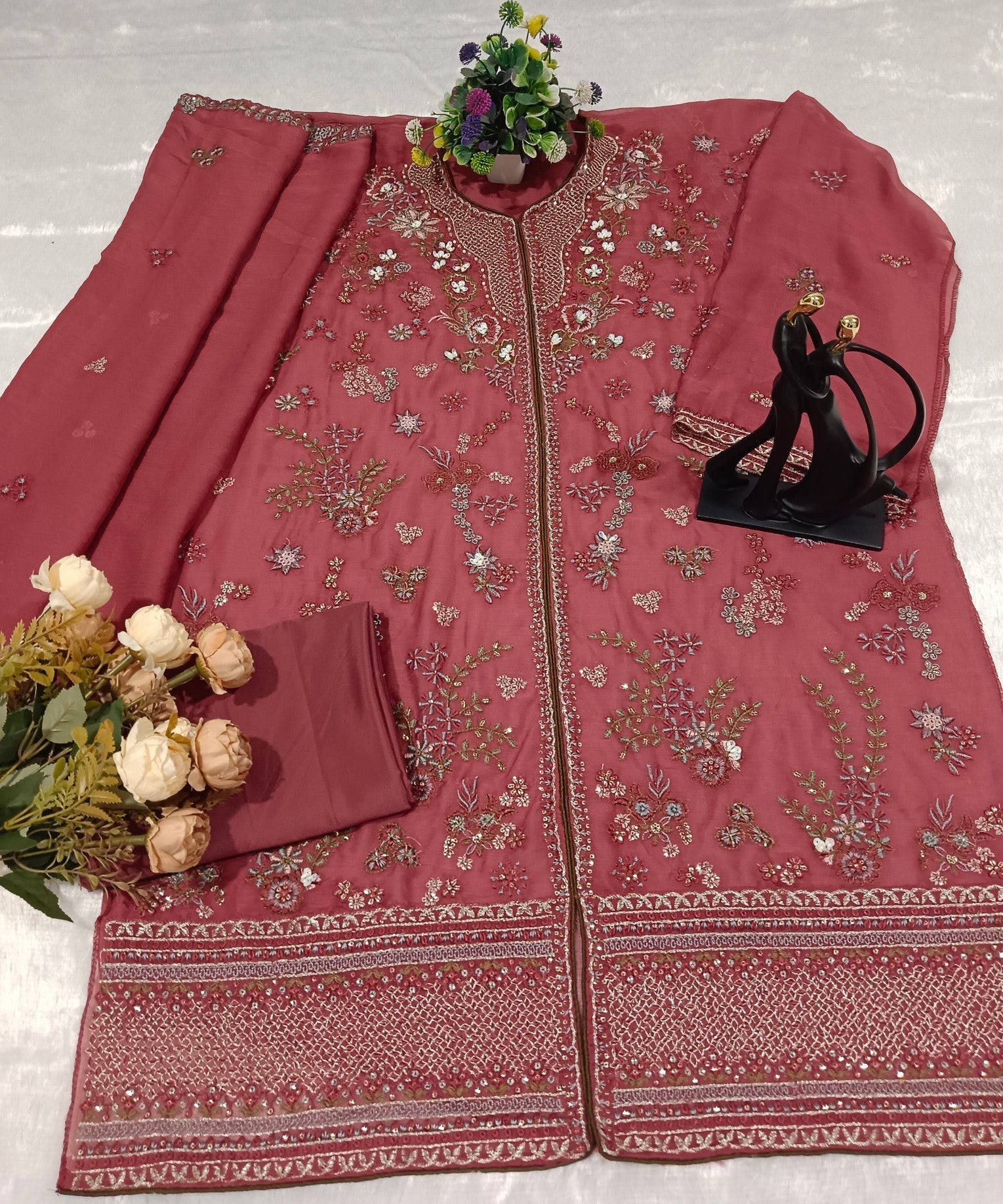 Anaita Pink Chiffon Suit With Embroidery Work | Grocsy