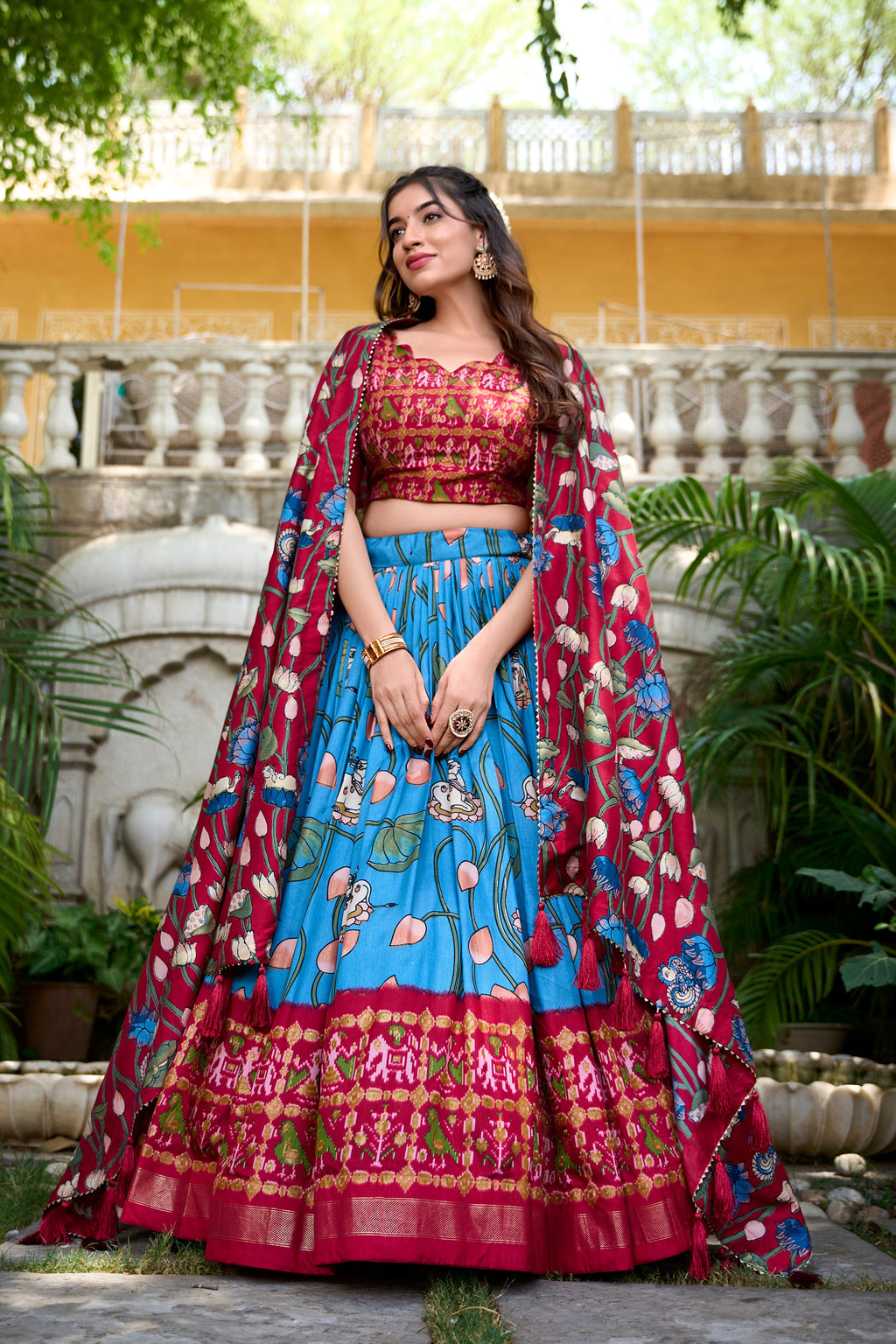 Lorenvalley Firozi Tussar Silk Pichwai With Patola Print And Zari Weaving Border Lehenga Choli with Dupatta | Grocsy
