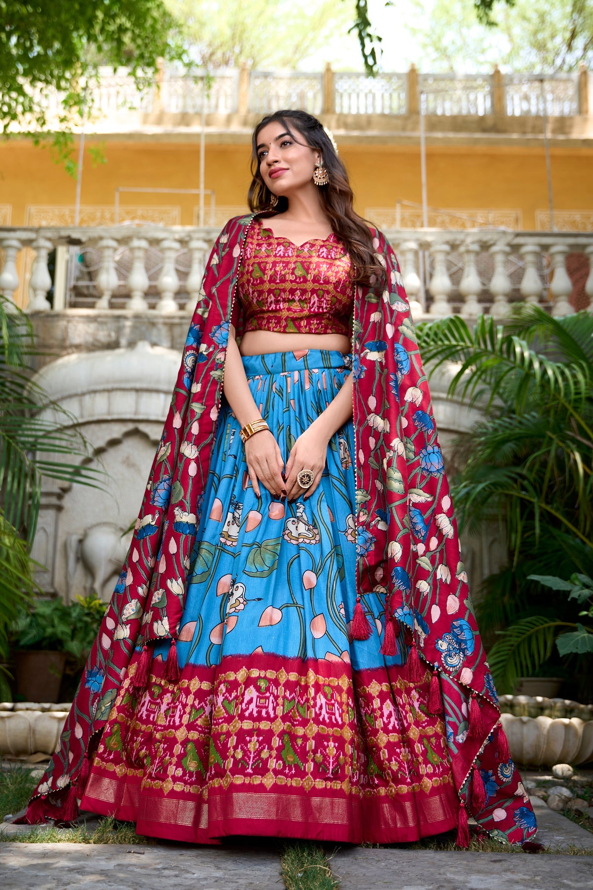 Lorenvalley Firozi Tussar Silk Pichwai With Patola Print And Zari Weaving Border Lehenga Choli with Dupatta | Grocsy