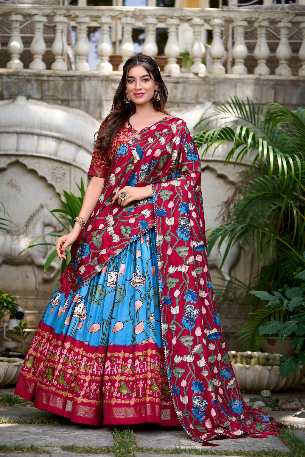 Lorenvalley Firozi Tussar Silk Pichwai With Patola Print And Zari Weaving Border Lehenga Choli with Dupatta | Grocsy