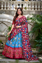 Lorenvalley Firozi Tussar Silk Pichwai With Patola Print And Zari Weaving Border Lehenga Choli with Dupatta | Grocsy