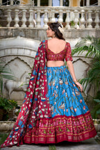 Lorenvalley Firozi Tussar Silk Pichwai With Patola Print And Zari Weaving Border Lehenga Choli with Dupatta | Grocsy