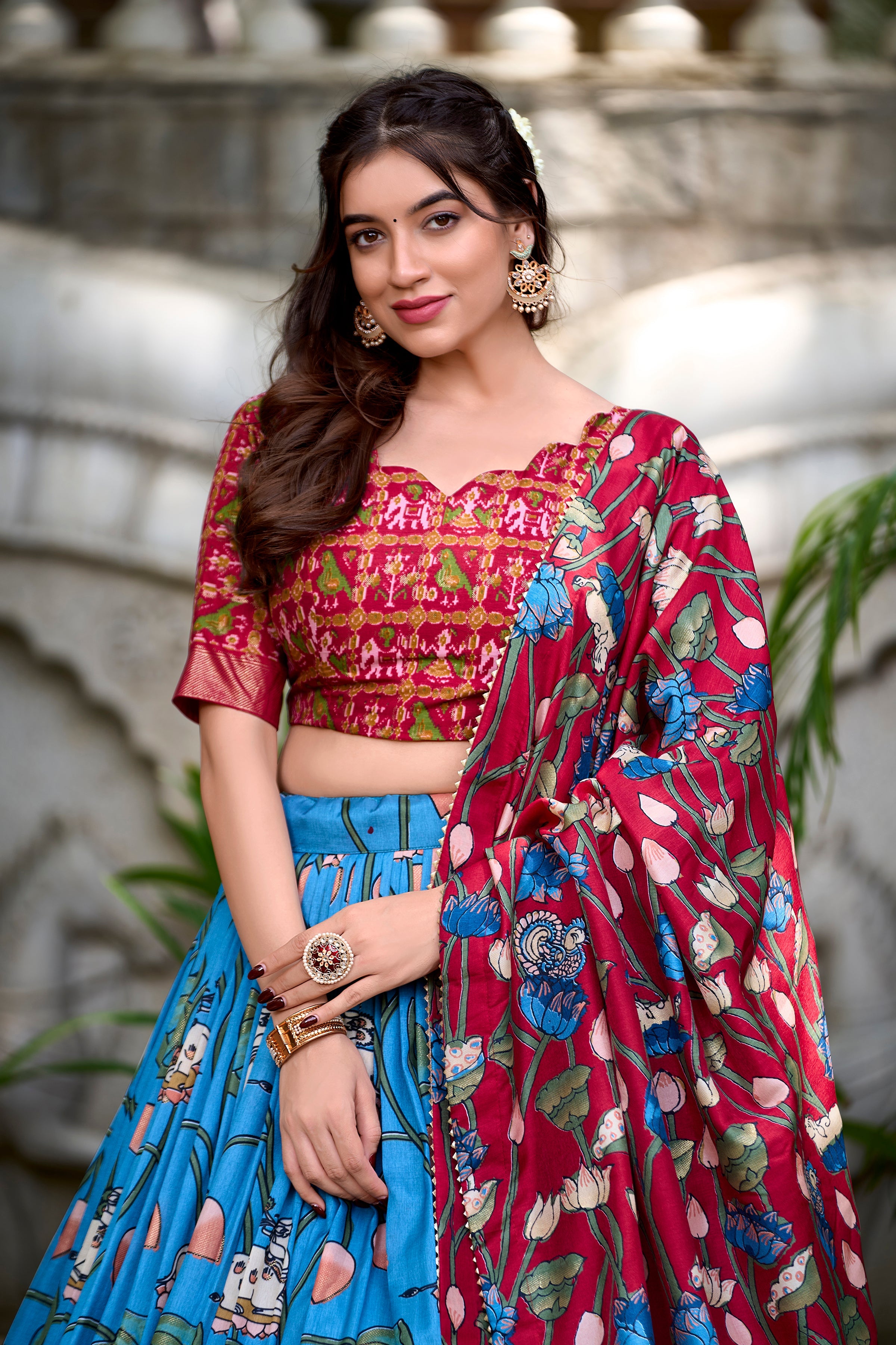 Lorenvalley Firozi Tussar Silk Pichwai With Patola Print And Zari Weaving Border Lehenga Choli with Dupatta | Grocsy