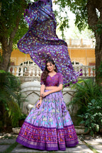 Lorenvalley Lavender Tussar Silk Pichwai With Patola Print And Zari Weaving Border Lehenga Choli with Dupatta | Grocsy