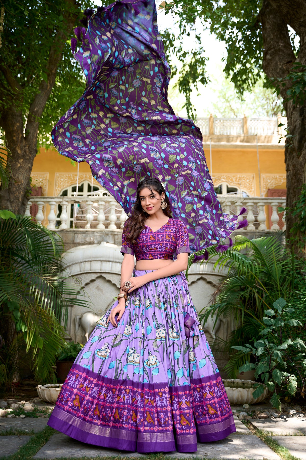 Lorenvalley Lavender Tussar Silk Pichwai With Patola Print And Zari Weaving Border Lehenga Choli with Dupatta | Grocsy
