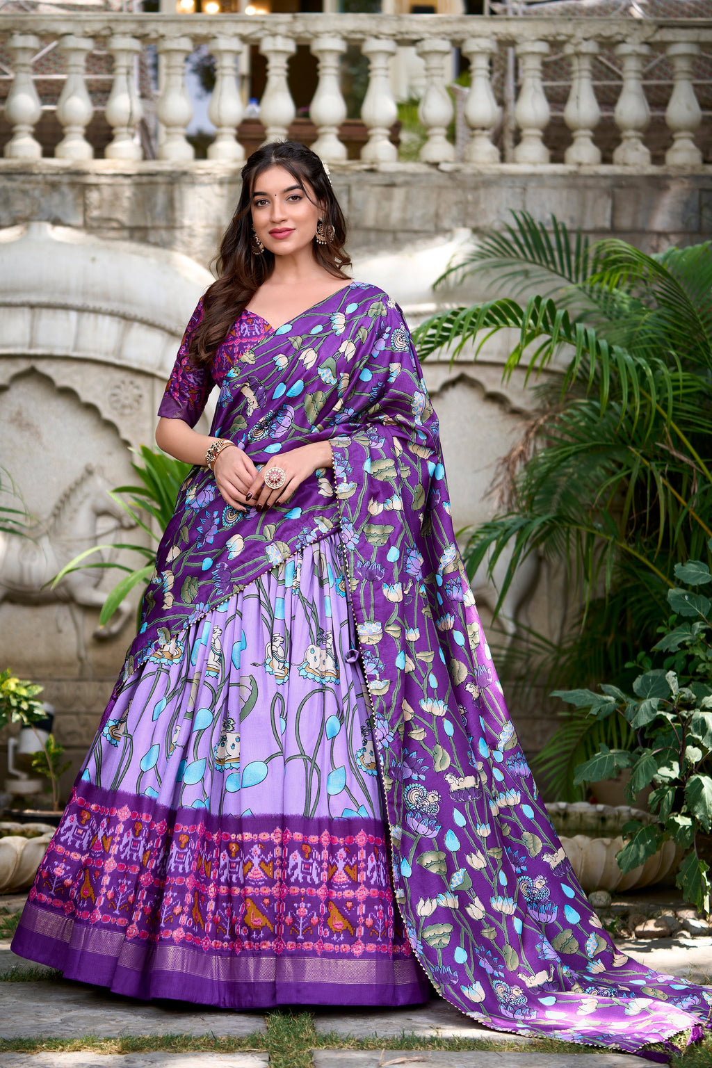 Lorenvalley Lavender Tussar Silk Pichwai With Patola Print And Zari Weaving Border Lehenga Choli with Dupatta | Grocsy