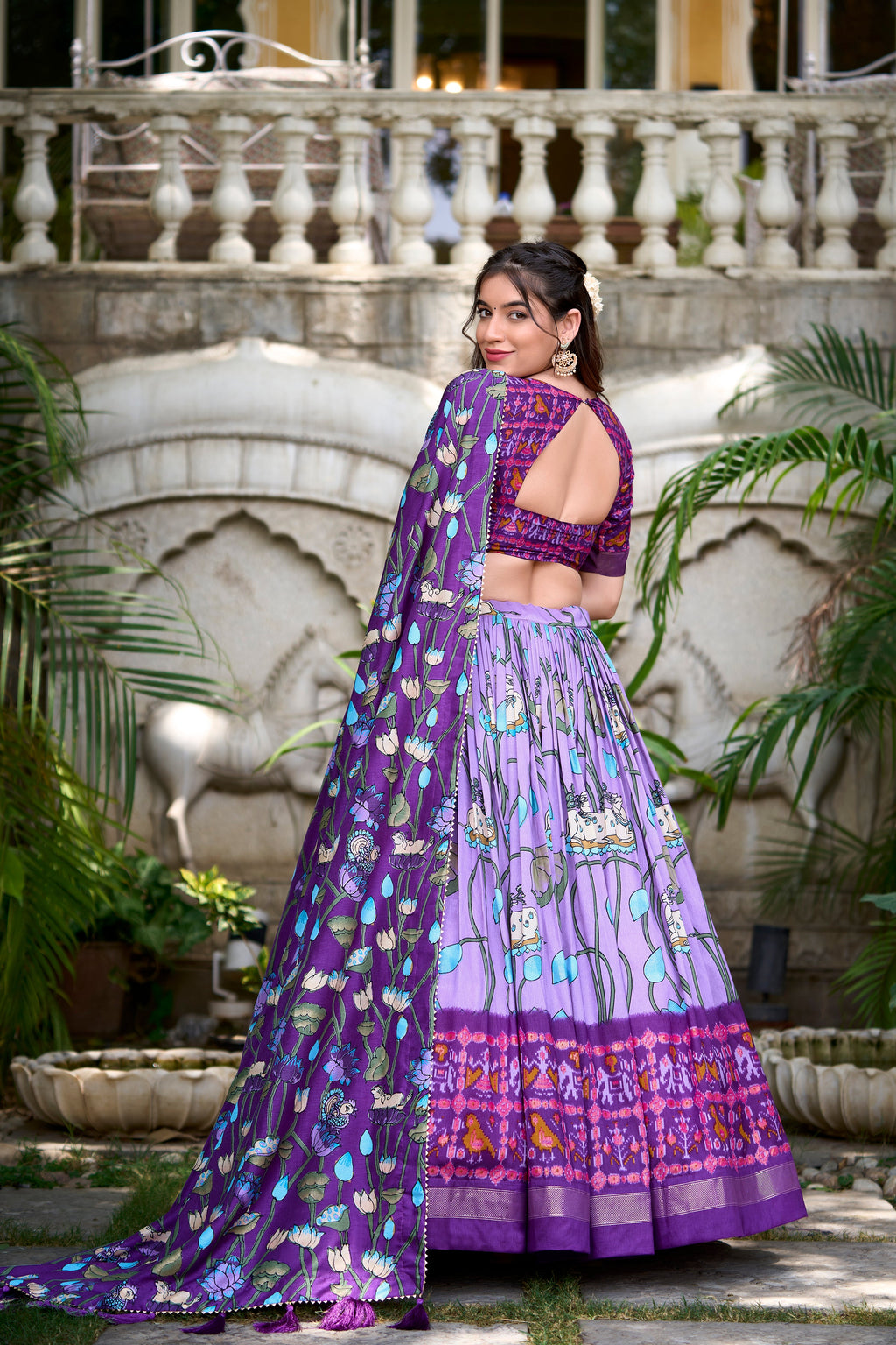 Lorenvalley Lavender Tussar Silk Pichwai With Patola Print And Zari Weaving Border Lehenga Choli with Dupatta | Grocsy