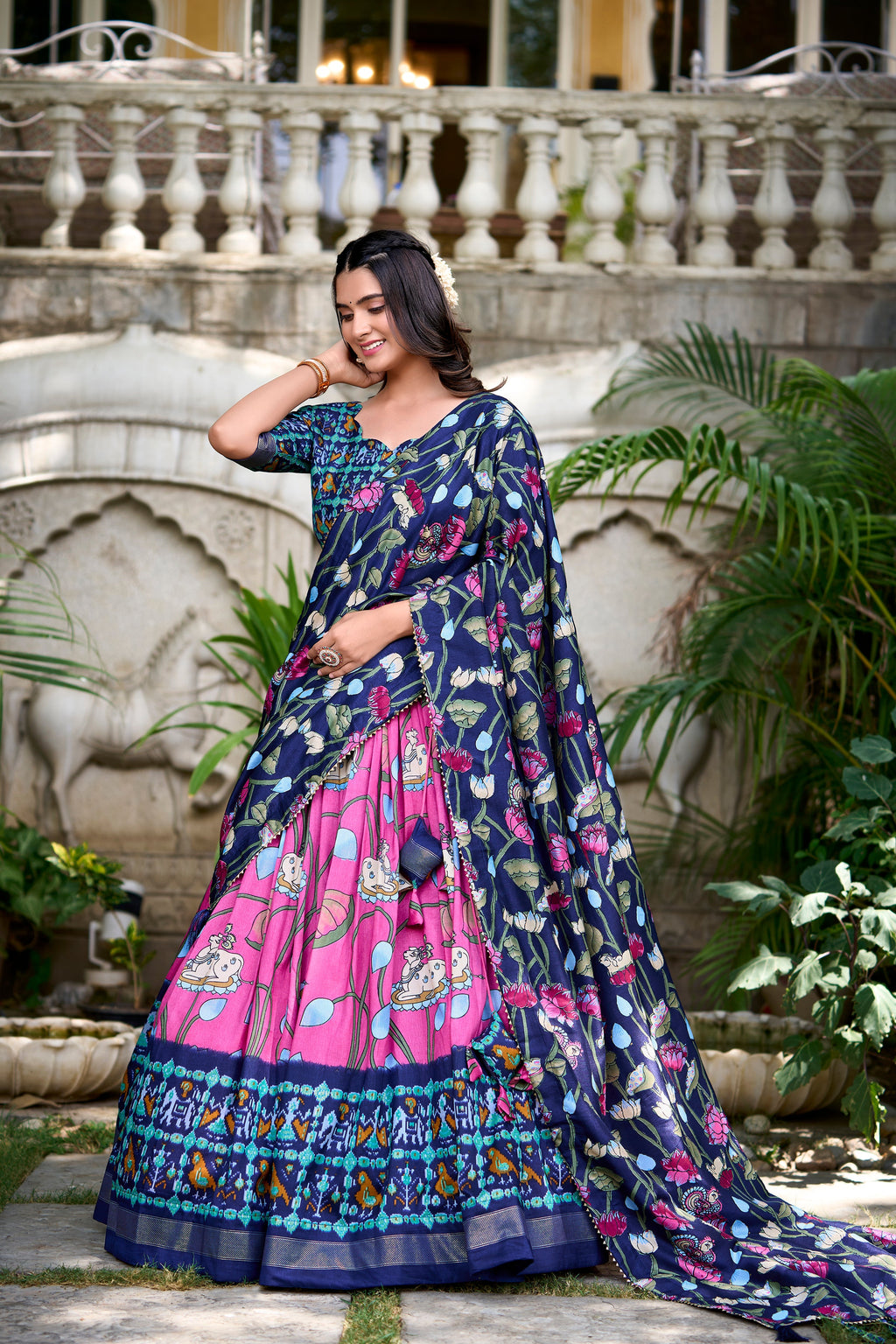 Lorenvalley Pink Tussar Silk Pichwai With Patola Print And Zari Weaving Border Lehenga Choli with Dupatta | Grocsy