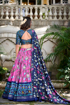 Lorenvalley Pink Tussar Silk Pichwai With Patola Print And Zari Weaving Border Lehenga Choli with Dupatta | Grocsy