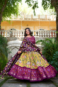 Lorenvalley Yellow Tussar Silk Pichwai With Patola Print And Zari Weaving Border Lehenga Choli with Dupatta | Grocsy