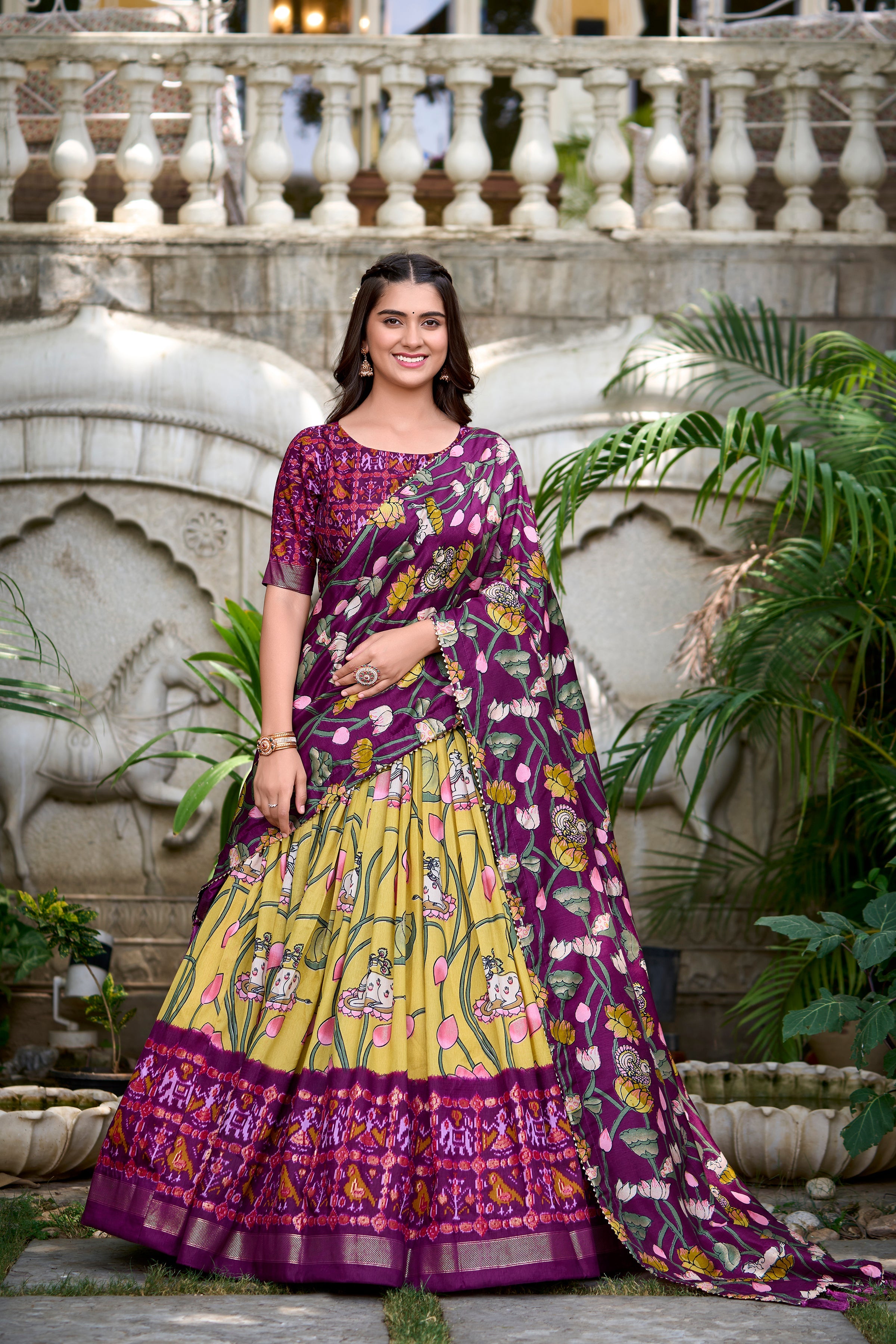 Lorenvalley Yellow Tussar Silk Pichwai With Patola Print And Zari Weaving Border Lehenga Choli with Dupatta | Grocsy