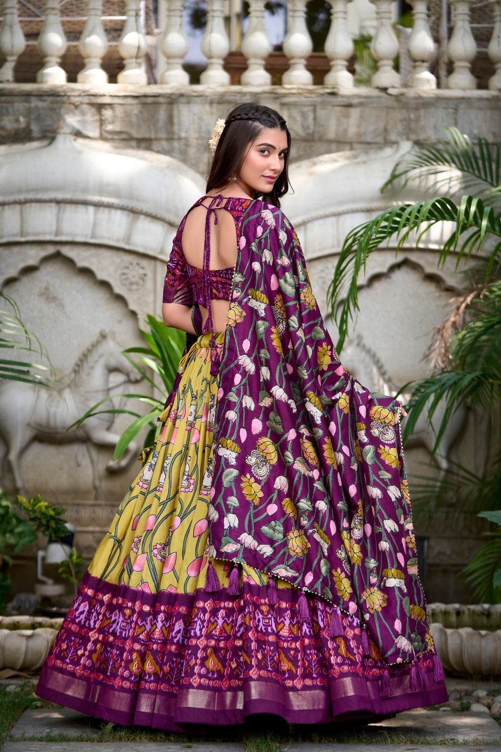Lorenvalley Yellow Tussar Silk Pichwai With Patola Print And Zari Weaving Border Lehenga Choli with Dupatta | Grocsy