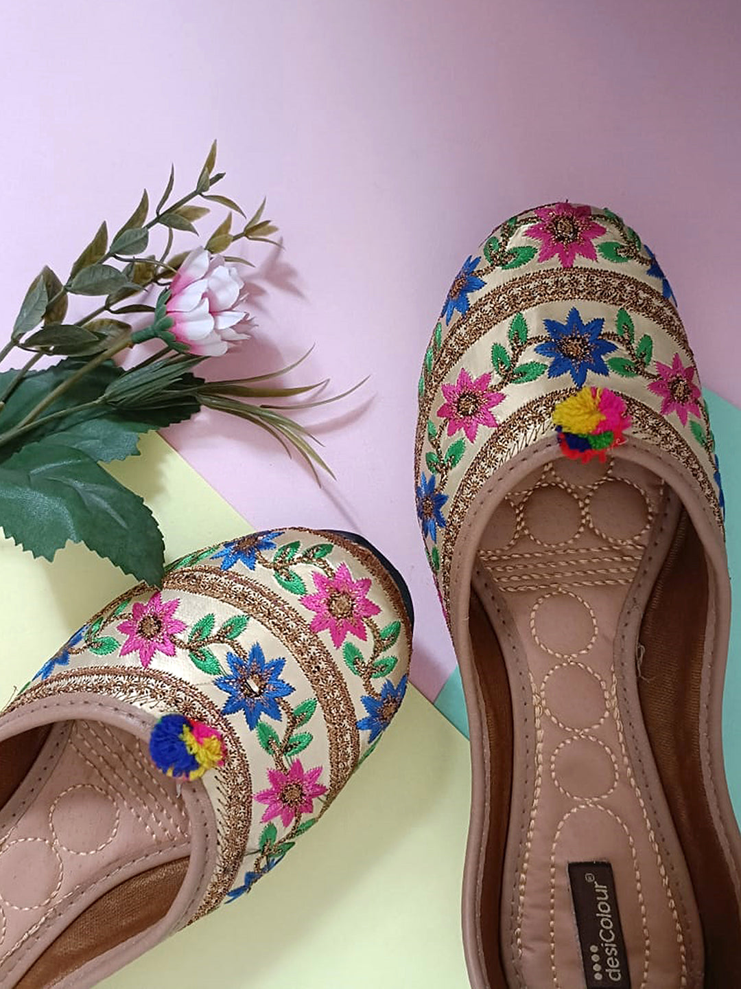 Desi Colour Women Indian Ethnic Footwear-Floral Gold | Grocsy