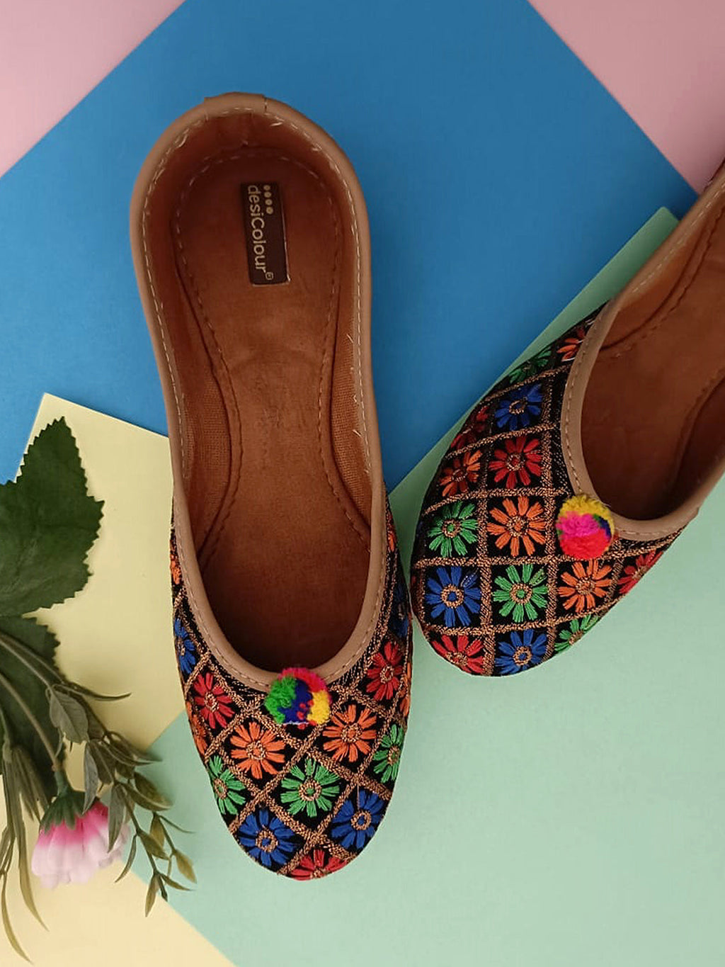 Desi Colour Women Indian Ethnic Footwear-Floral Black | Grocsy