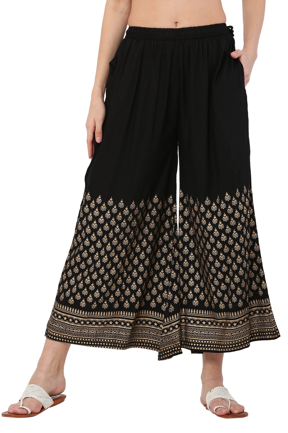 PAVONINE Black Color Minar Half Golden Print Sharara For Women | Grocsy
