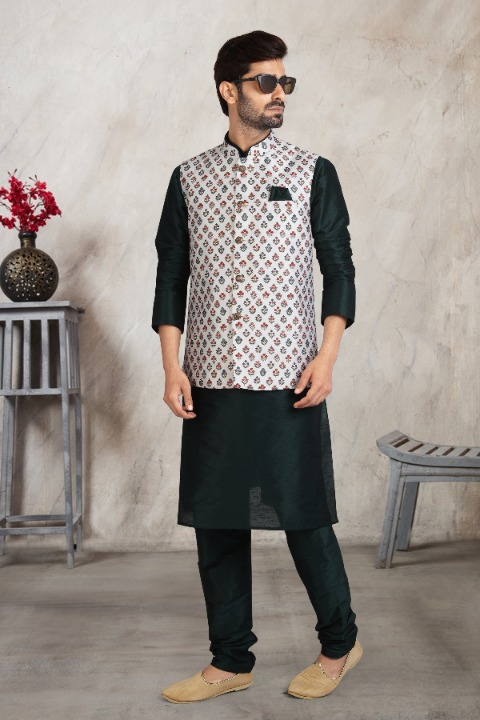 Raivat Ethnic Art Banarasi Silk Printed Work 3 Pics Jacket Set In Off White Colour | Grocsy